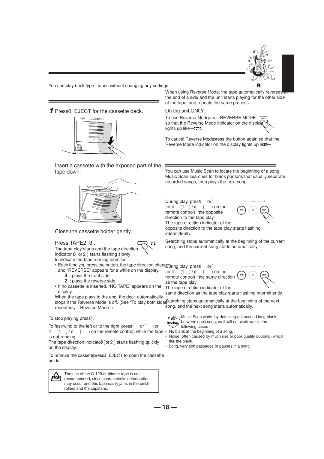 JVC CA-HXZ1R manual Insert a cassette with the exposed part, Tape down, To use Reverse Mode, press Reverse Mode 