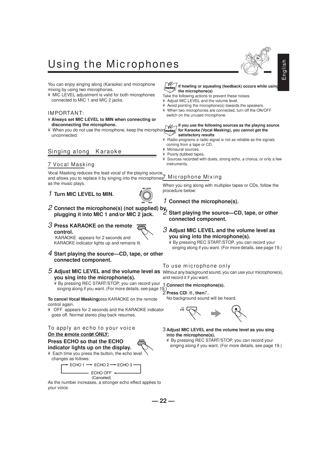 JVC CA-HXZ1R manual Singing along-Karaoke, Vocal Masking, Microphone Mixing, To apply an echo to your voice 