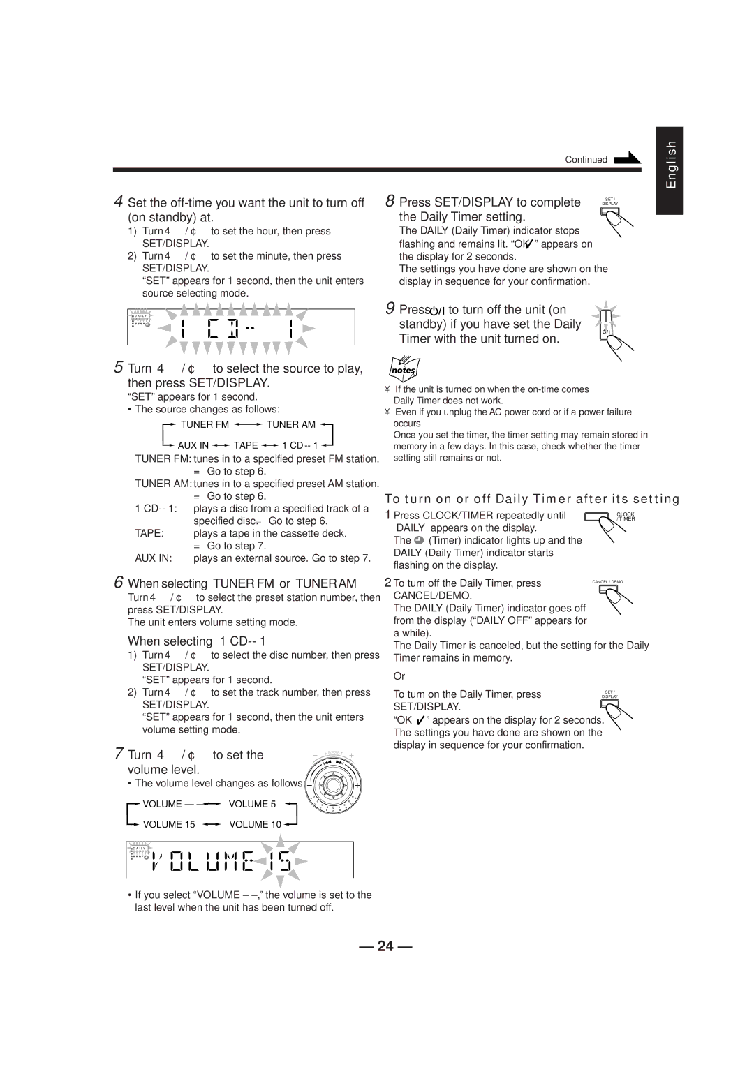 JVC CA-HXZ1R manual Press SET/DISPLAY to complete the Daily Timer setting, Daily appears on the display 