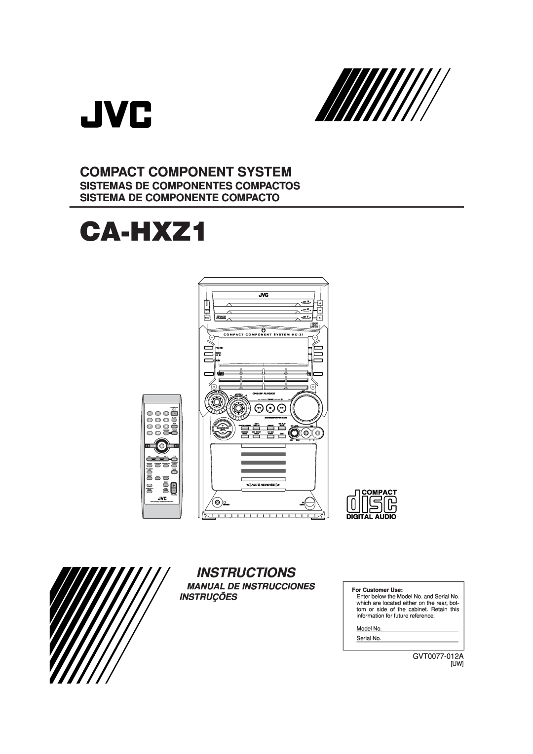 JVC CA-HXZ1R manual Compact Component System, Instructions, For Customer Use, Eset, Olume, Compact Digital Audio 