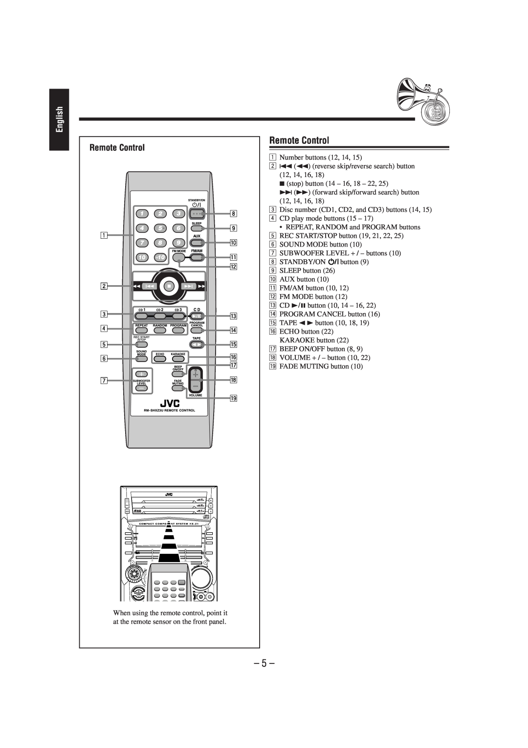 JVC CA-HXZ1R manual Remote Control, English 
