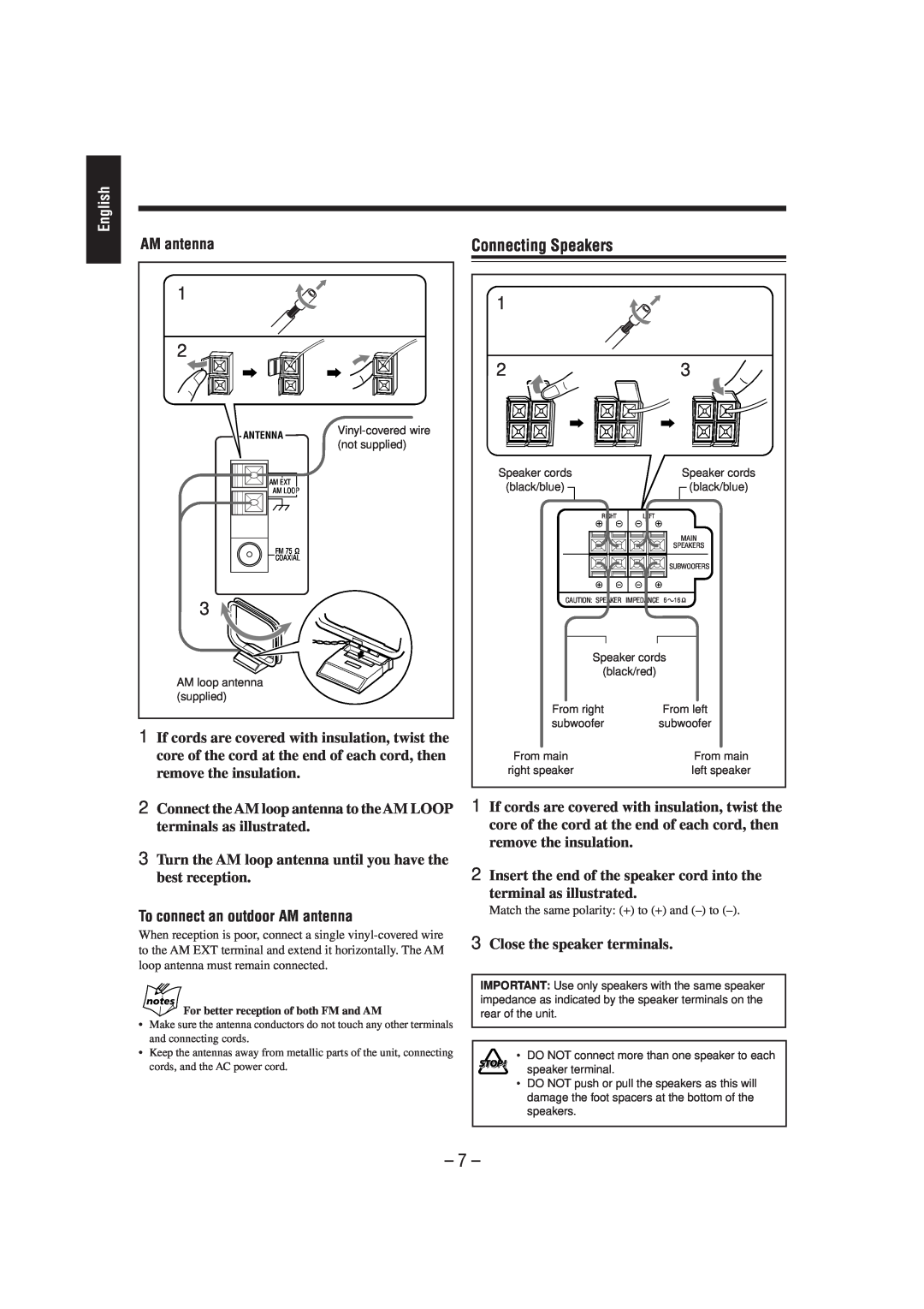 JVC CA-HXZ1R manual Connecting Speakers, English, To connect an outdoor AM antenna, terminal as illustrated 