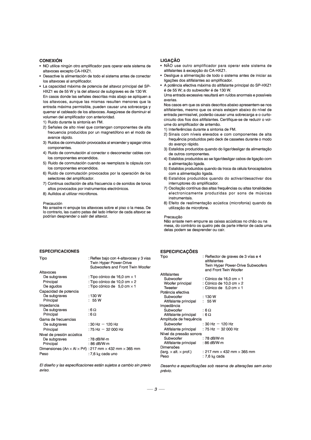 JVC CA-HXZ1R manual Conexión, Ligação, Especificaciones, Especificações 