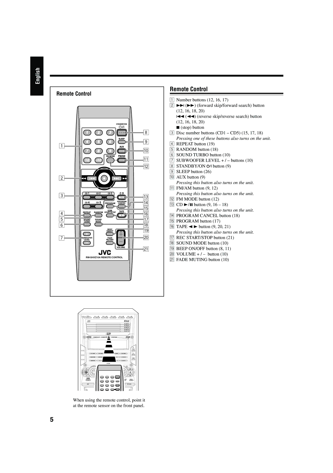 JVC CA-HXZ10, CA-HXZ30 manual Remote Control 