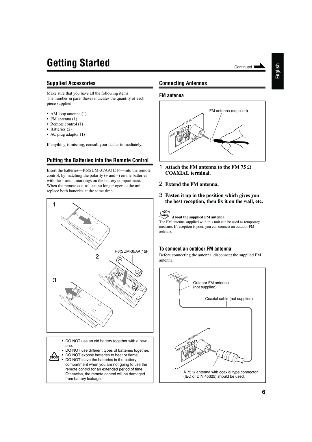 JVC CA-HXZ30, CA-HXZ10 manual Getting Started, Supplied Accessories, Connecting Antennas 