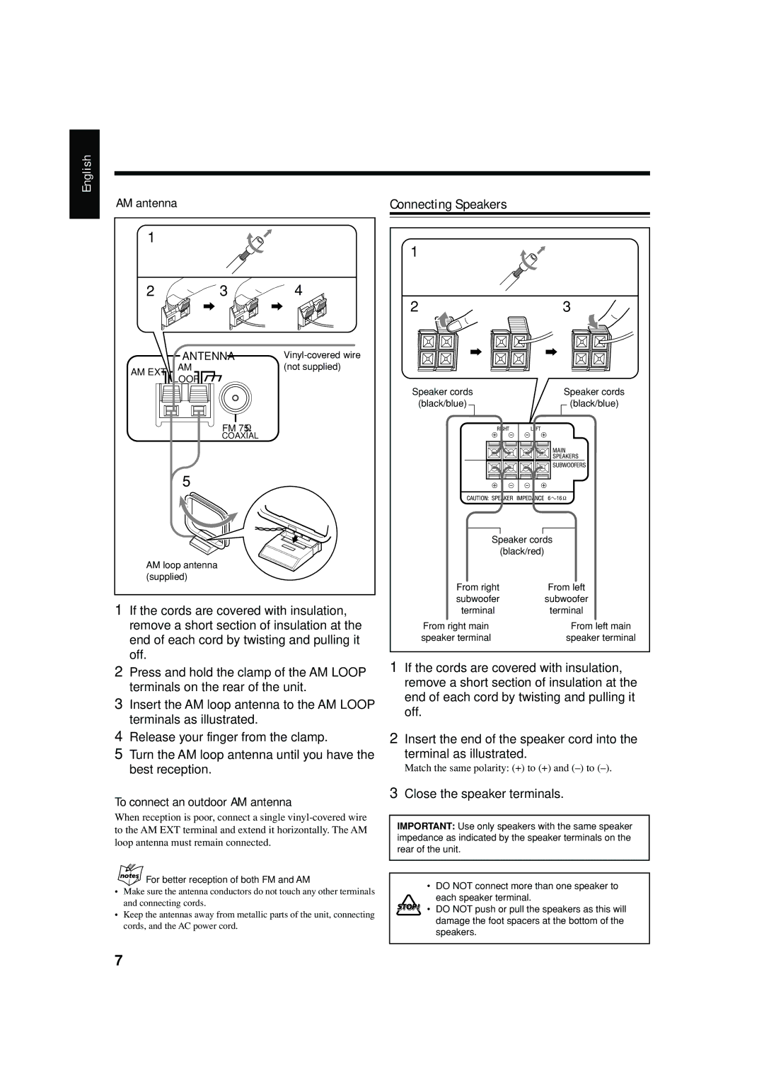 JVC CA-HXZ10, CA-HXZ30 manual Connecting Speakers, To connect an outdoor AM antenna, Close the speaker terminals 