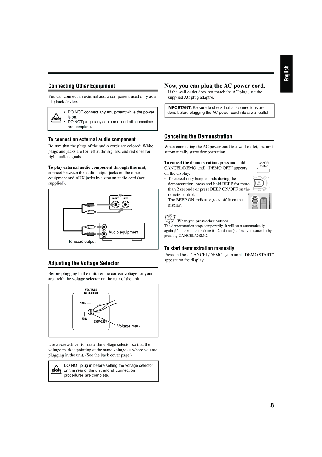 JVC CA-HXZ30, CA-HXZ10 manual Connecting Other Equipment, Canceling the Demonstration, Adjusting the Voltage Selector 