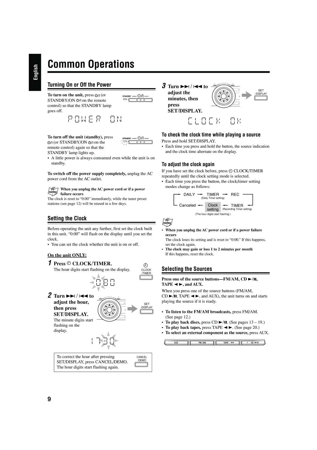 JVC CA-HXZ10, CA-HXZ30 manual Common Operations, Turning On or Off the Power, Setting the Clock, Selecting the Sources 