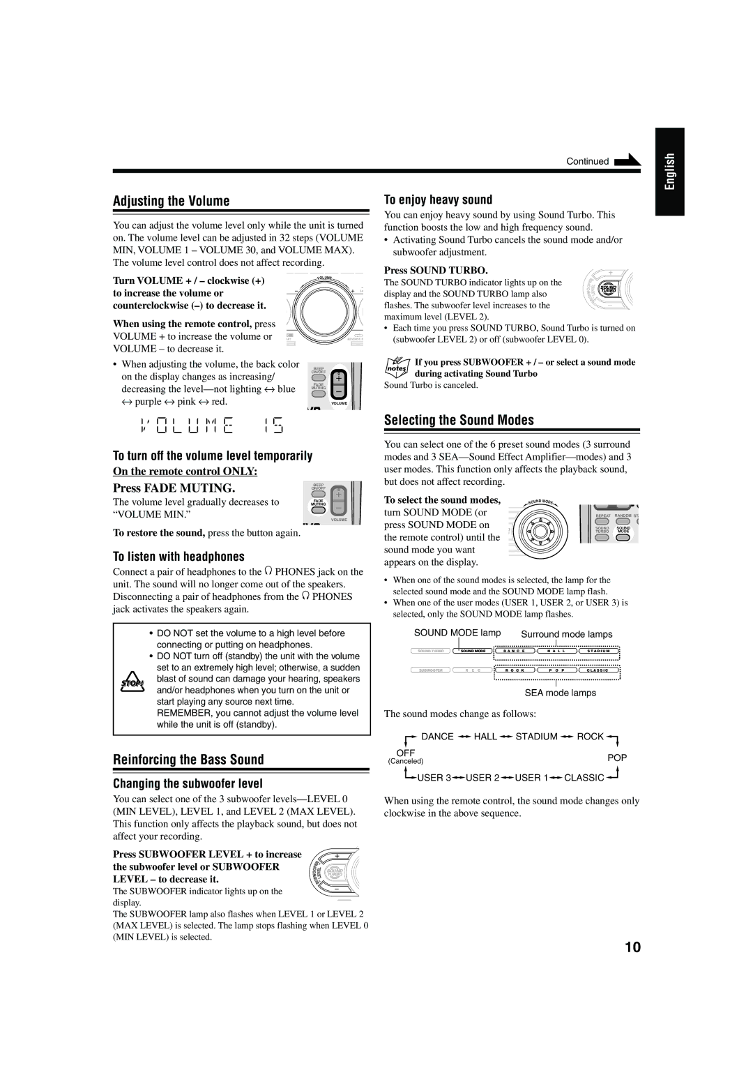 JVC CA-HXZ30, CA-HXZ10 manual Adjusting the Volume, Selecting the Sound Modes, Reinforcing the Bass Sound 