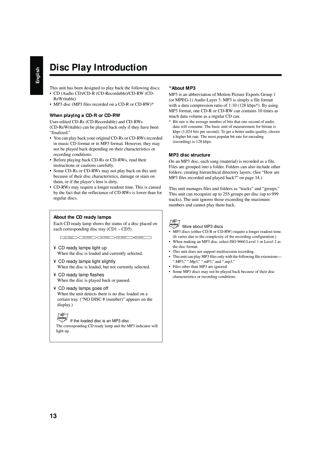 JVC CA-HXZ10 Disc Play Introduction, When playing a CD-R or CD-RW, About MP3, MP3 disc structure, About the CD ready lamps 