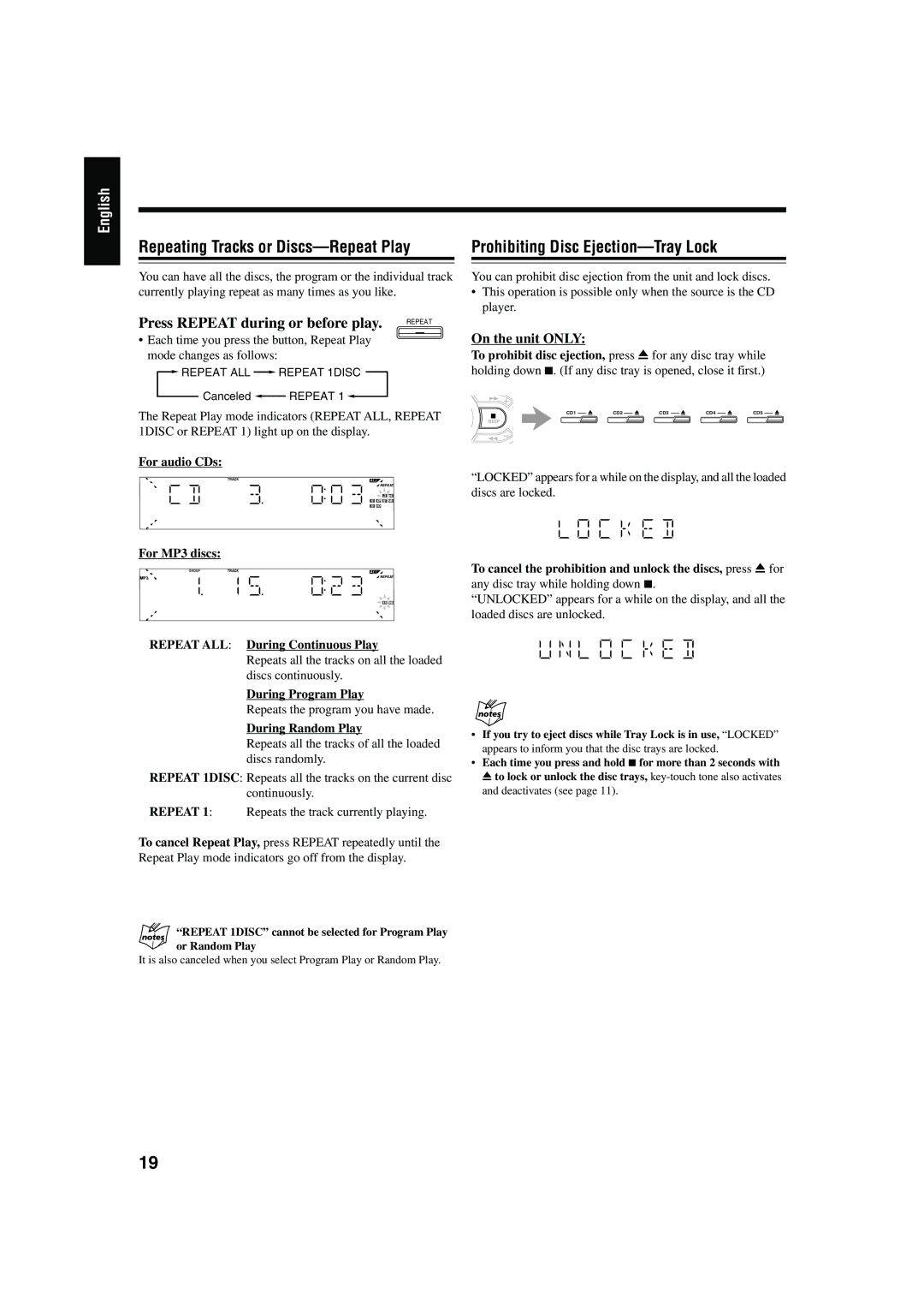 JVC CA-HXZ10, CA-HXZ30 manual Press Repeat during or before play, During Program Play, During Random Play 