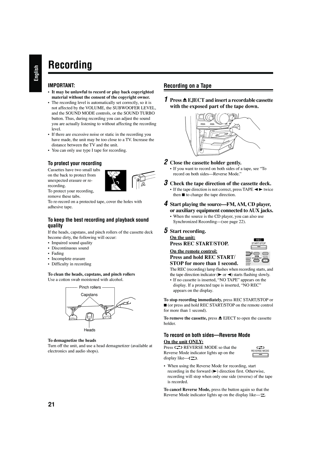 JVC CA-HXZ10, CA-HXZ30 manual Recording on a Tape, To keep the best recording and playback sound quality 