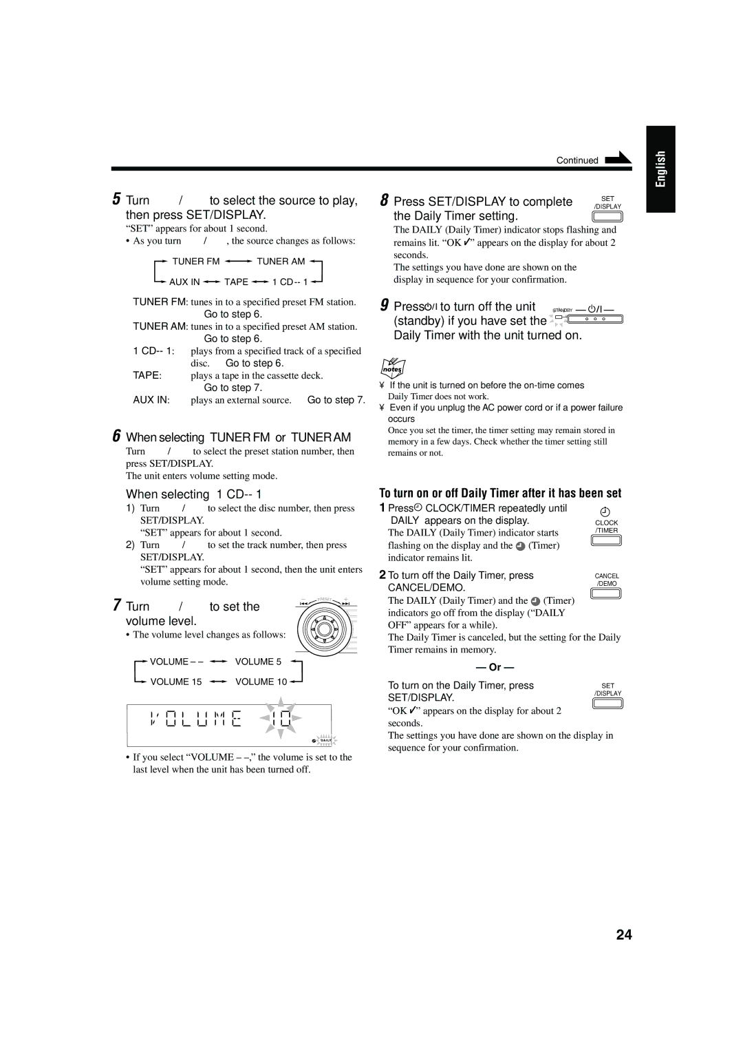 JVC CA-HXZ30 When selecting Tuner FM or Tuneram, When selecting 1 CD, Turn ¢ / 4 to set, Volume level, Daily Timer setting 