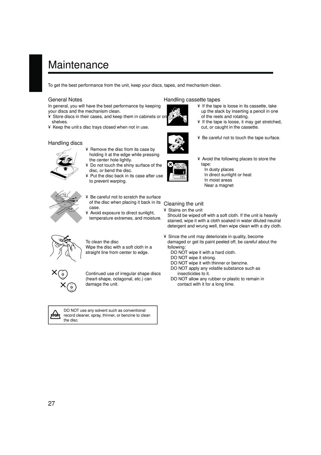 JVC CA-HXZ10, CA-HXZ30 manual Maintenance, General Notes, Handling discs, Cleaning the unit 