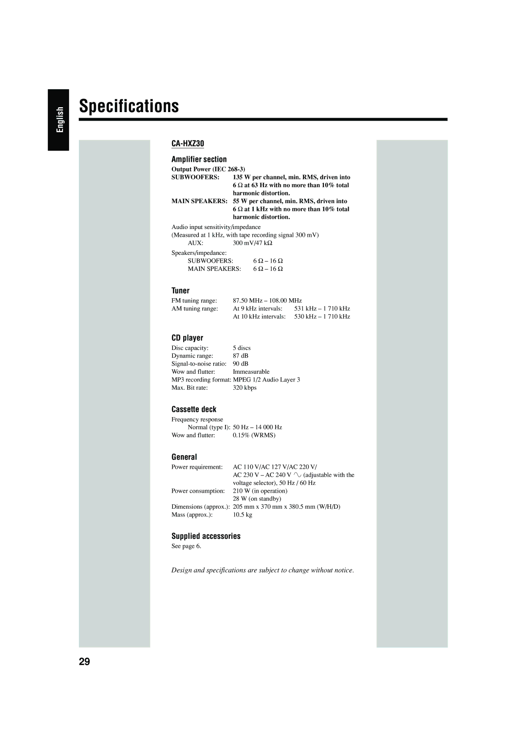 JVC CA-HXZ10 manual Specifications, CA-HXZ30 