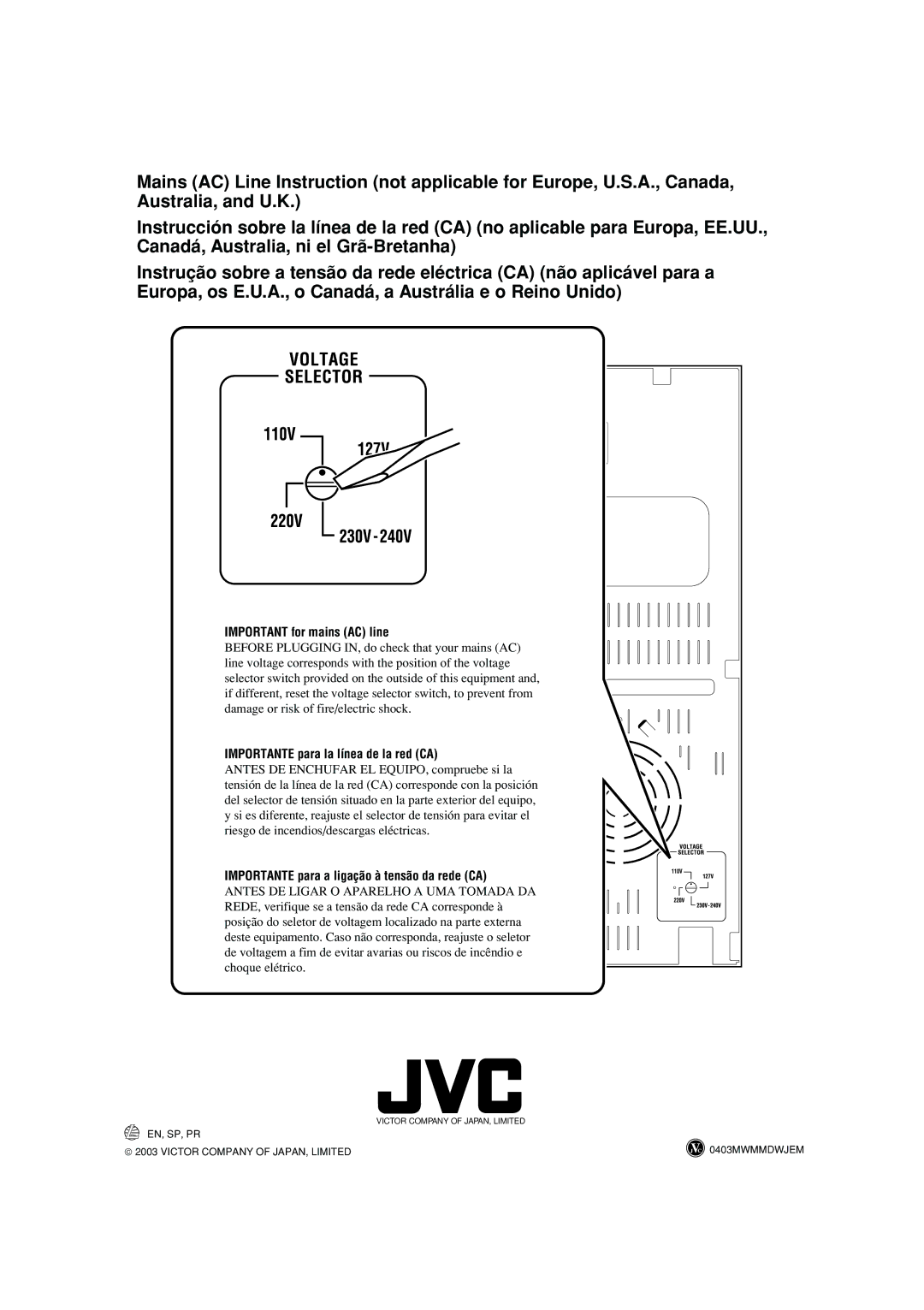 JVC CA-HXZ10, CA-HXZ30 manual Important for mains AC line 