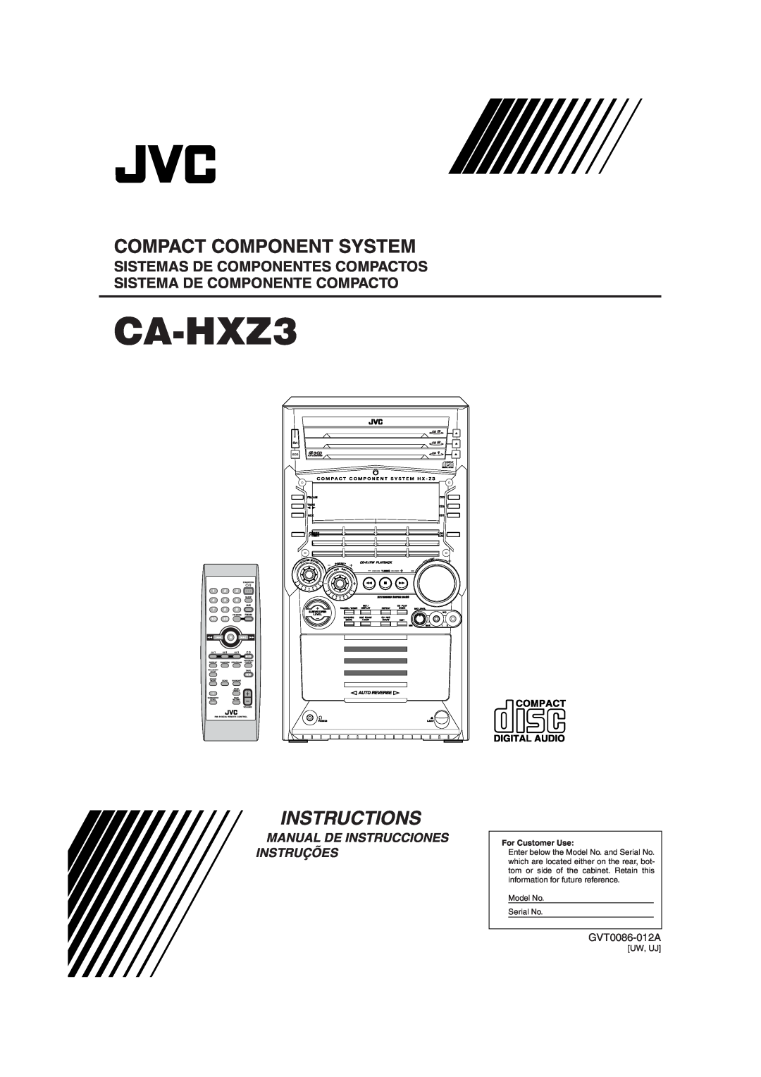 JVC CA-HXZ3 manual Compact Component System, Instructions, For Customer Use, Model No Serial No, Eset, Olume 