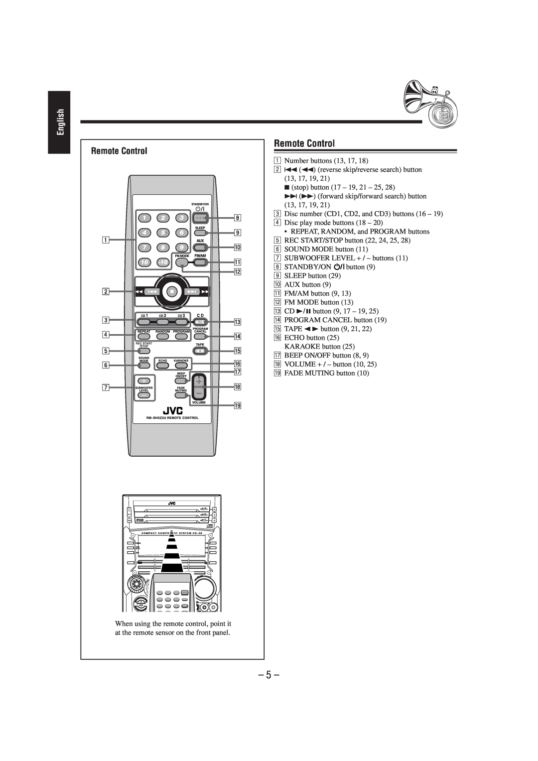JVC CA-HXZ3 manual Remote Control, English 
