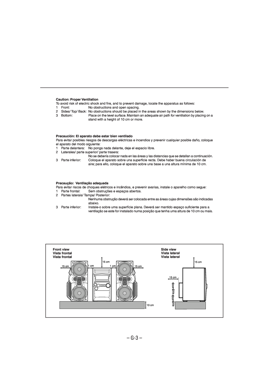 JVC CA-HXZ3 manual G-3, Caution Proper Ventilation, Precaución El aparato debe estar bien ventilado 