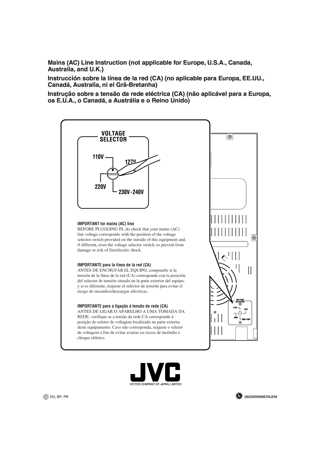 JVC CA-HXZ3 manual IMPORTANT for mains AC line, IMPORTANTE para la línea de la red CA, En, Sp, Pr, 0602MWMMDWJEM 