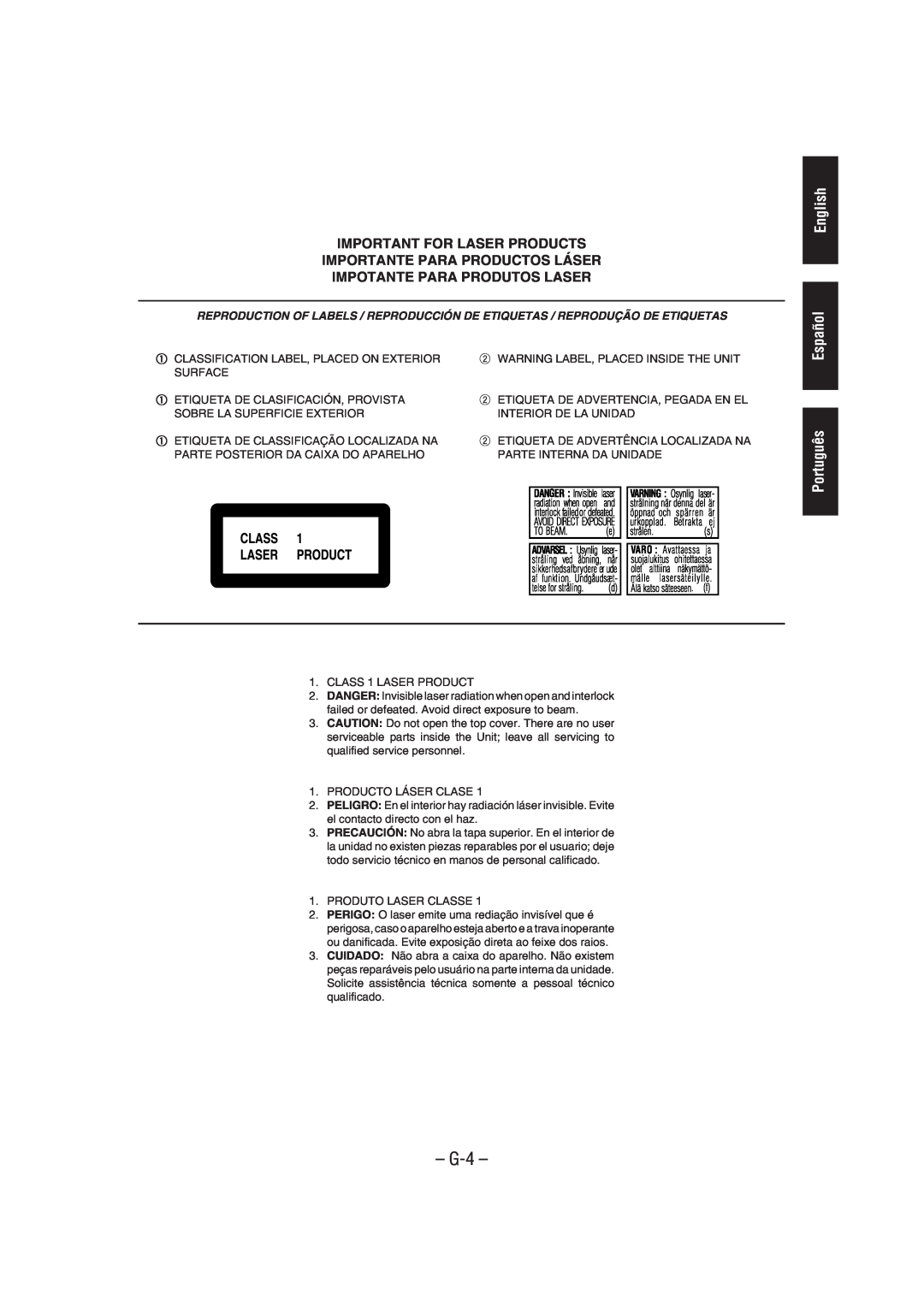 JVC CA-HXZ3 manual G-4, English Español, Português, Important For Laser Products, Importante Para Productos Láser 