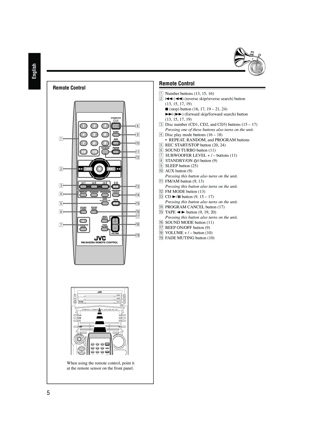 JVC CA-HXZ9 manual Remote Control 