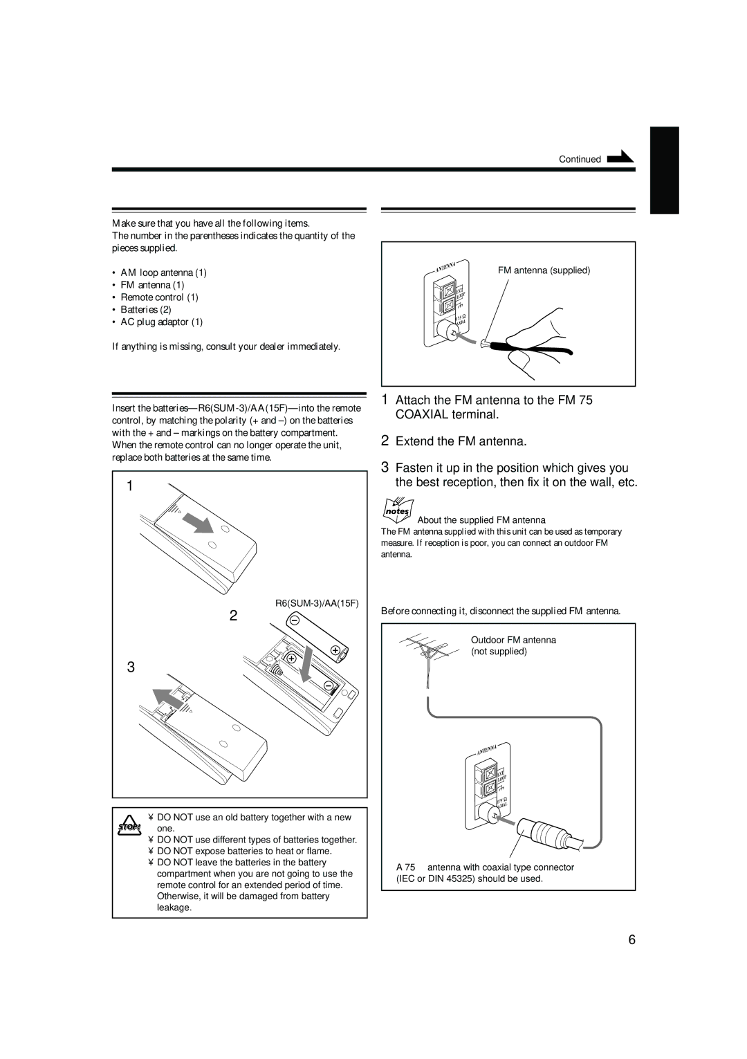 JVC CA-HXZ9 manual Getting Started, Supplied Accessories Connecting Antennas, To connect an outdoor FM antenna 