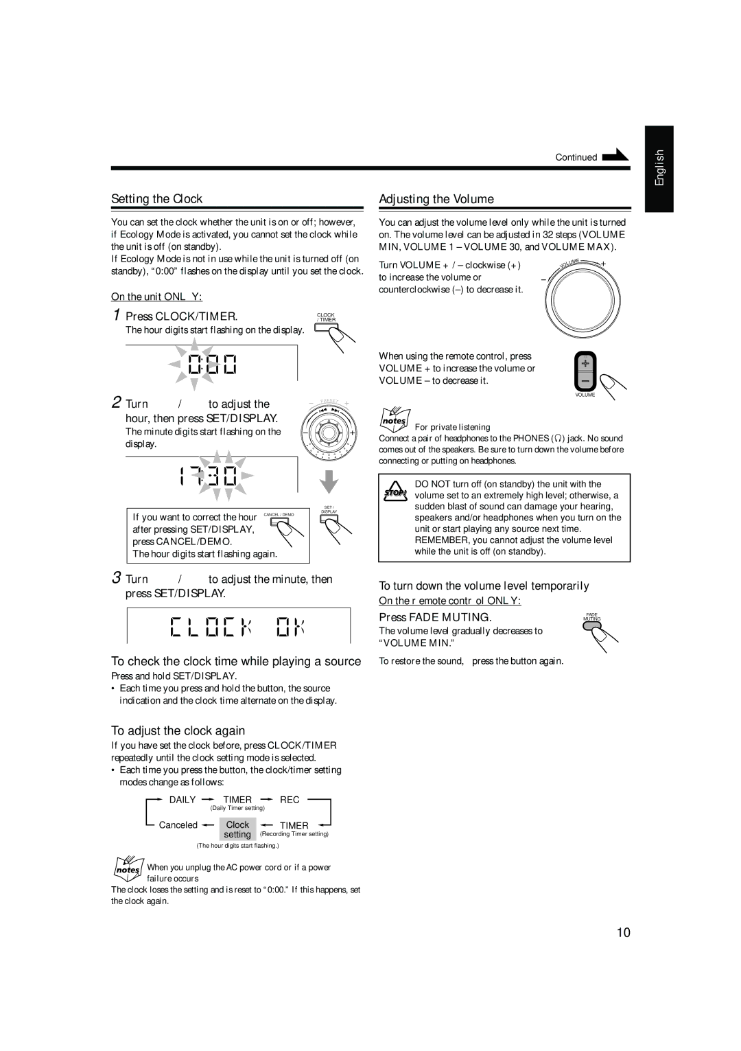 JVC CA-HXZ9 Setting the Clock, Adjusting the Volume, To adjust the clock again, To turn down the volume level temporarily 