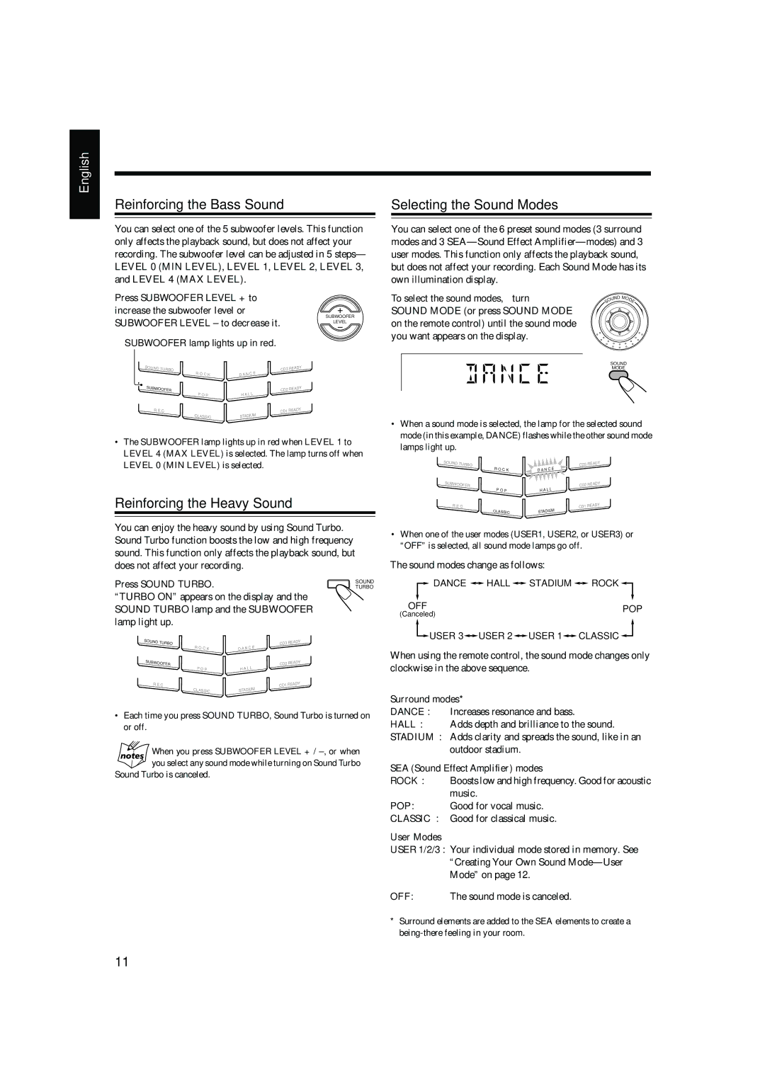 JVC CA-HXZ9 manual Reinforcing the Bass Sound Selecting the Sound Modes, Reinforcing the Heavy Sound 