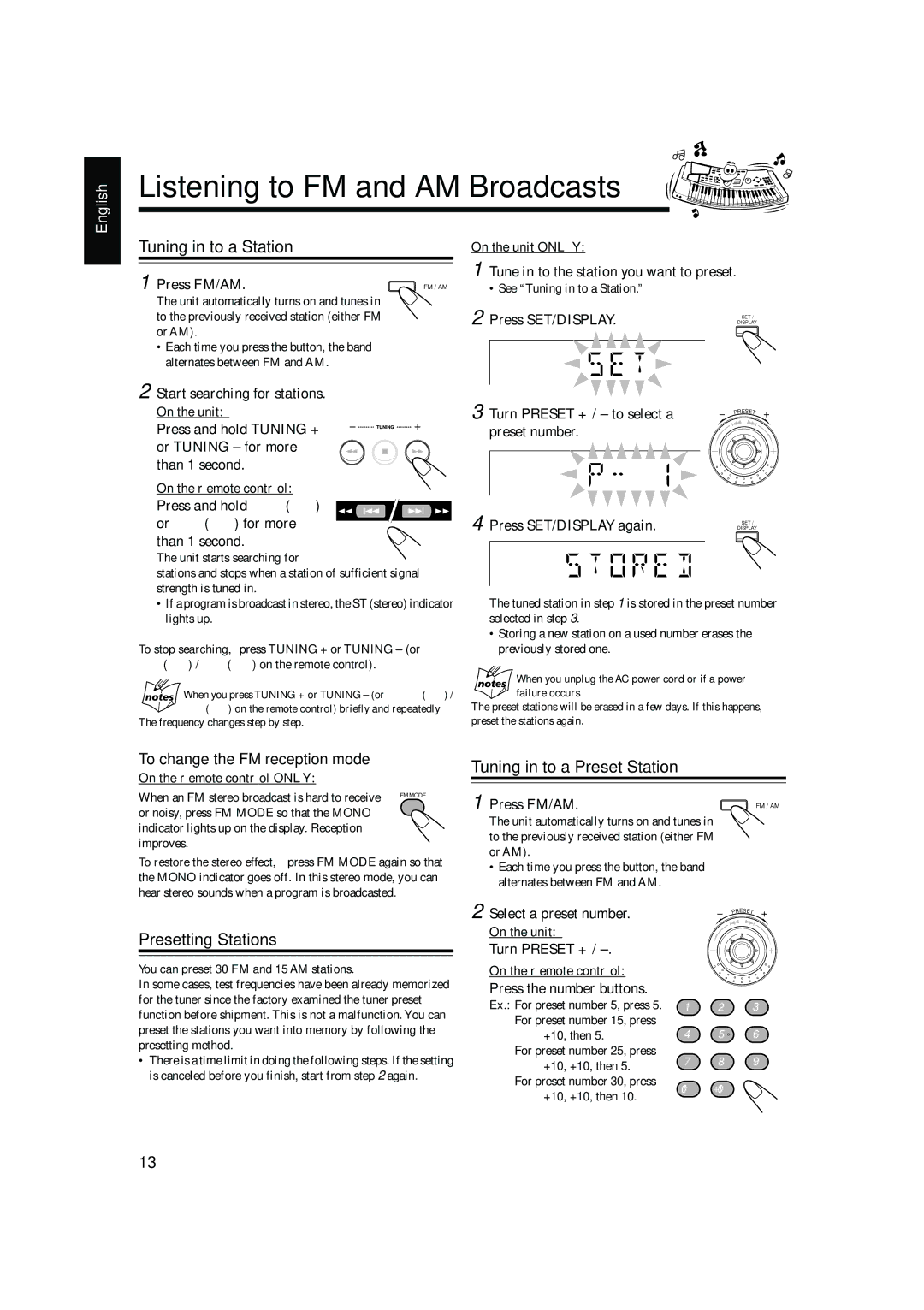 JVC CA-HXZ9 Listening to FM and AM Broadcasts, Tuning in to a Station, Tuning in to a Preset Station, Presetting Stations 