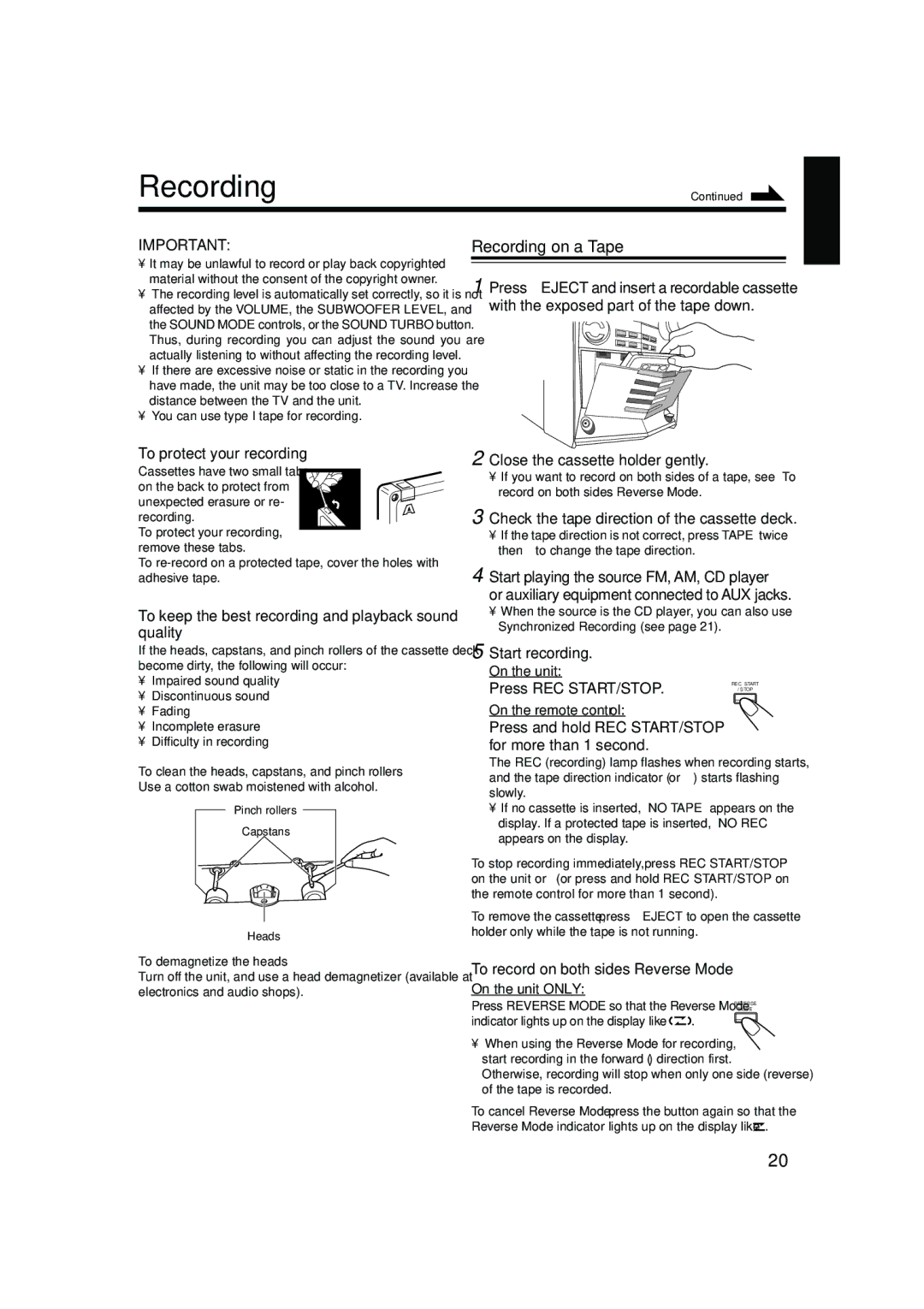 JVC CA-HXZ9 manual Recording on a Tape 