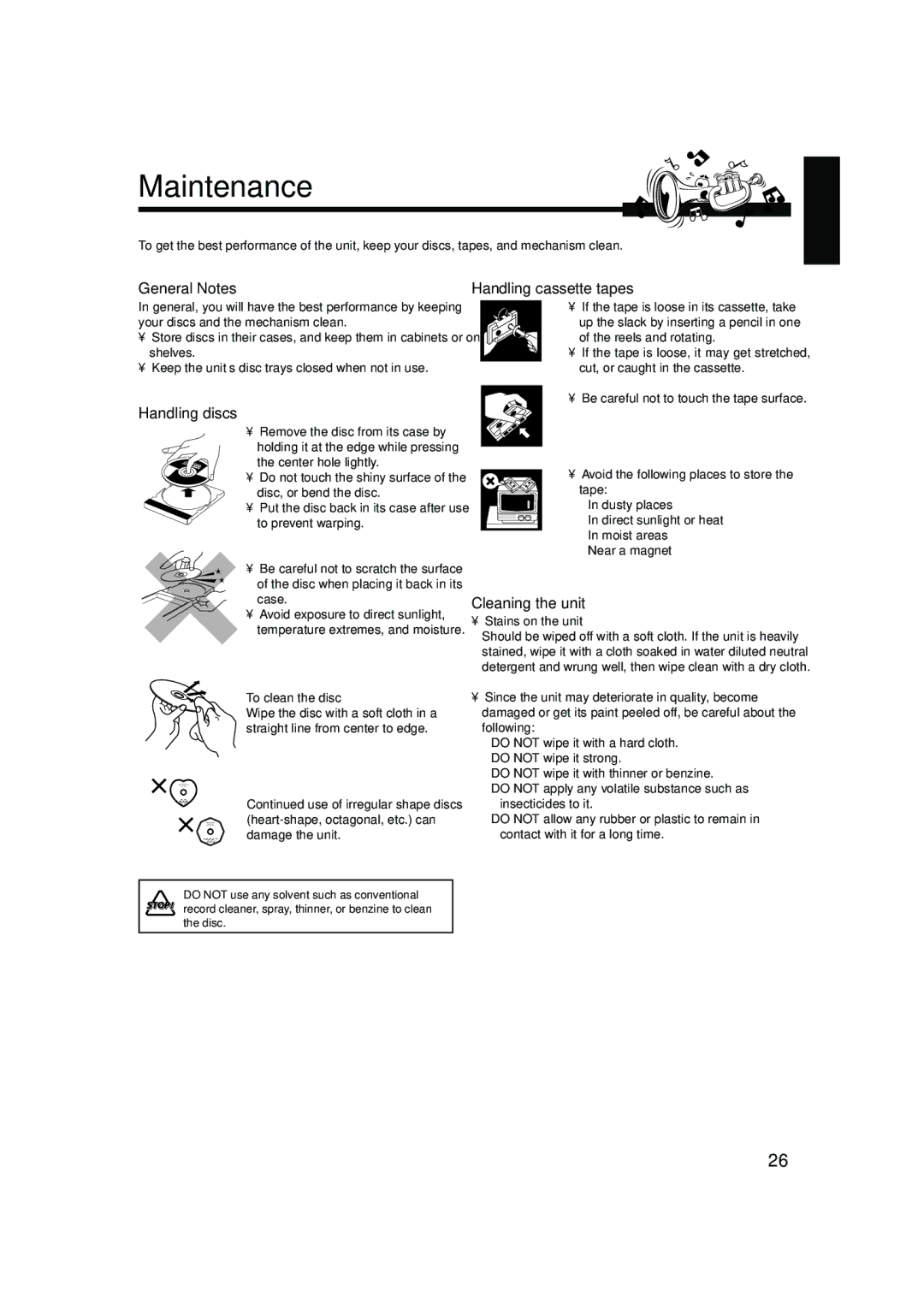 JVC CA-HXZ9 manual Maintenance, General Notes, Handling discs, Cleaning the unit 