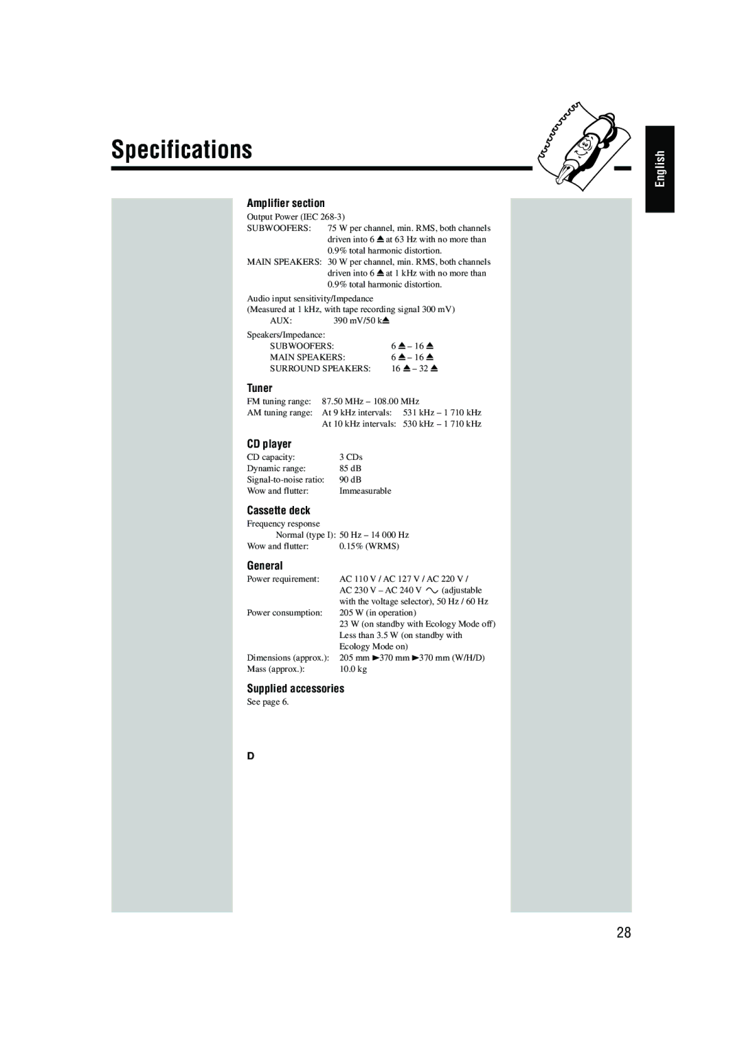 JVC CA-HXZ9 manual Specifications, Amplifier section 