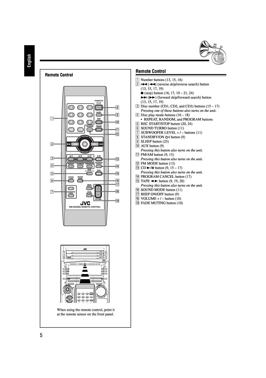 JVC CA-HXZ9 manual Remote Control, English 