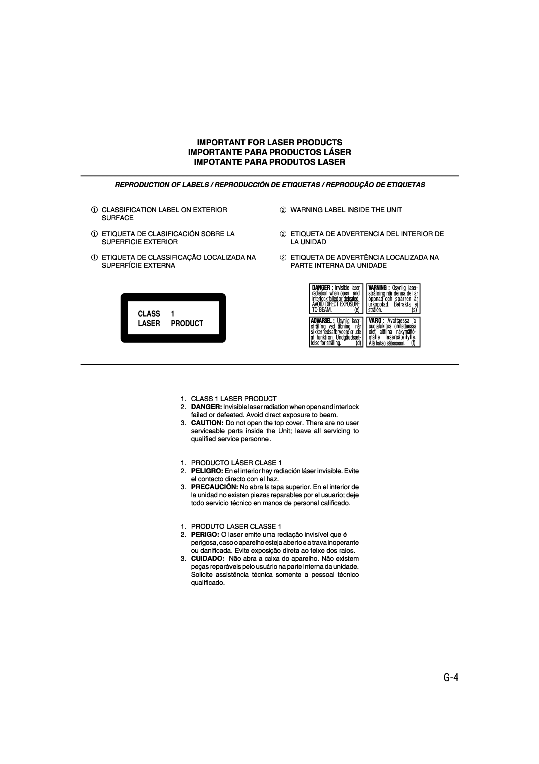 JVC CA-HXZ9 manual Important For Laser Products, Importante Para Productos Láser, Impotante Para Produtos Laser 