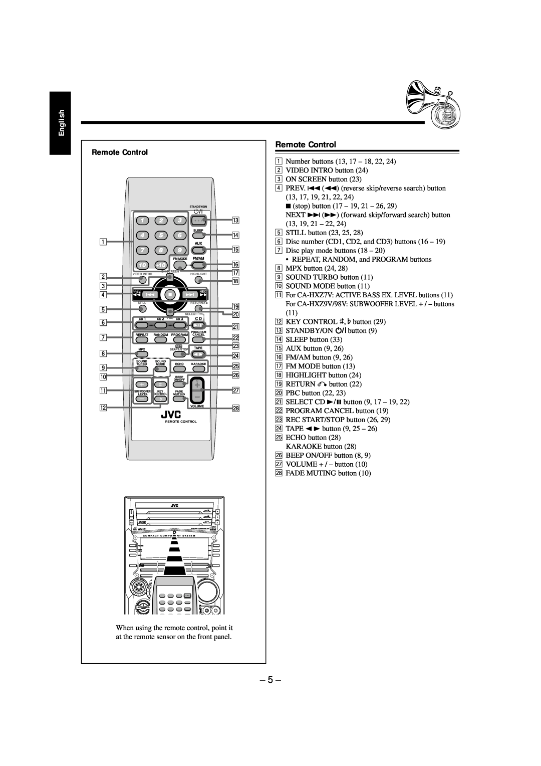 JVC CA-HXZ7V, CA-HXZ9V, CA-HXZ98V manual Remote Control, English 