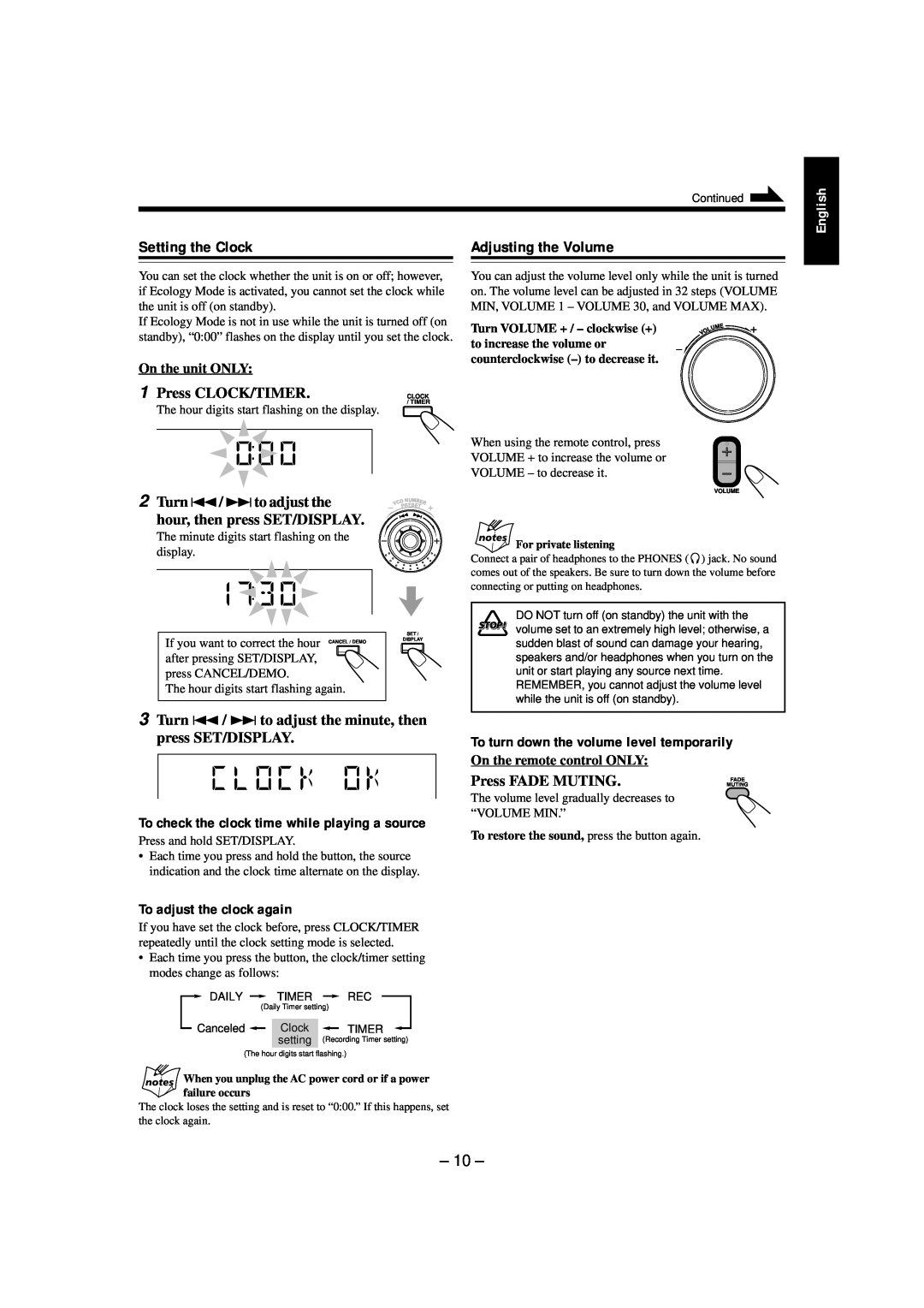 JVC CA-HXZ9V Setting the Clock, Adjusting the Volume, To adjust the clock again, To turn down the volume level temporarily 