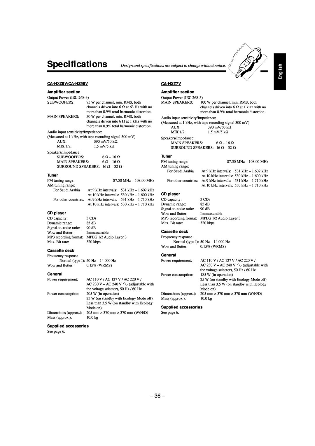 JVC CA-HXZ98V, CA-HXZ9V, CA-HXZ7V manual Specifications, English 