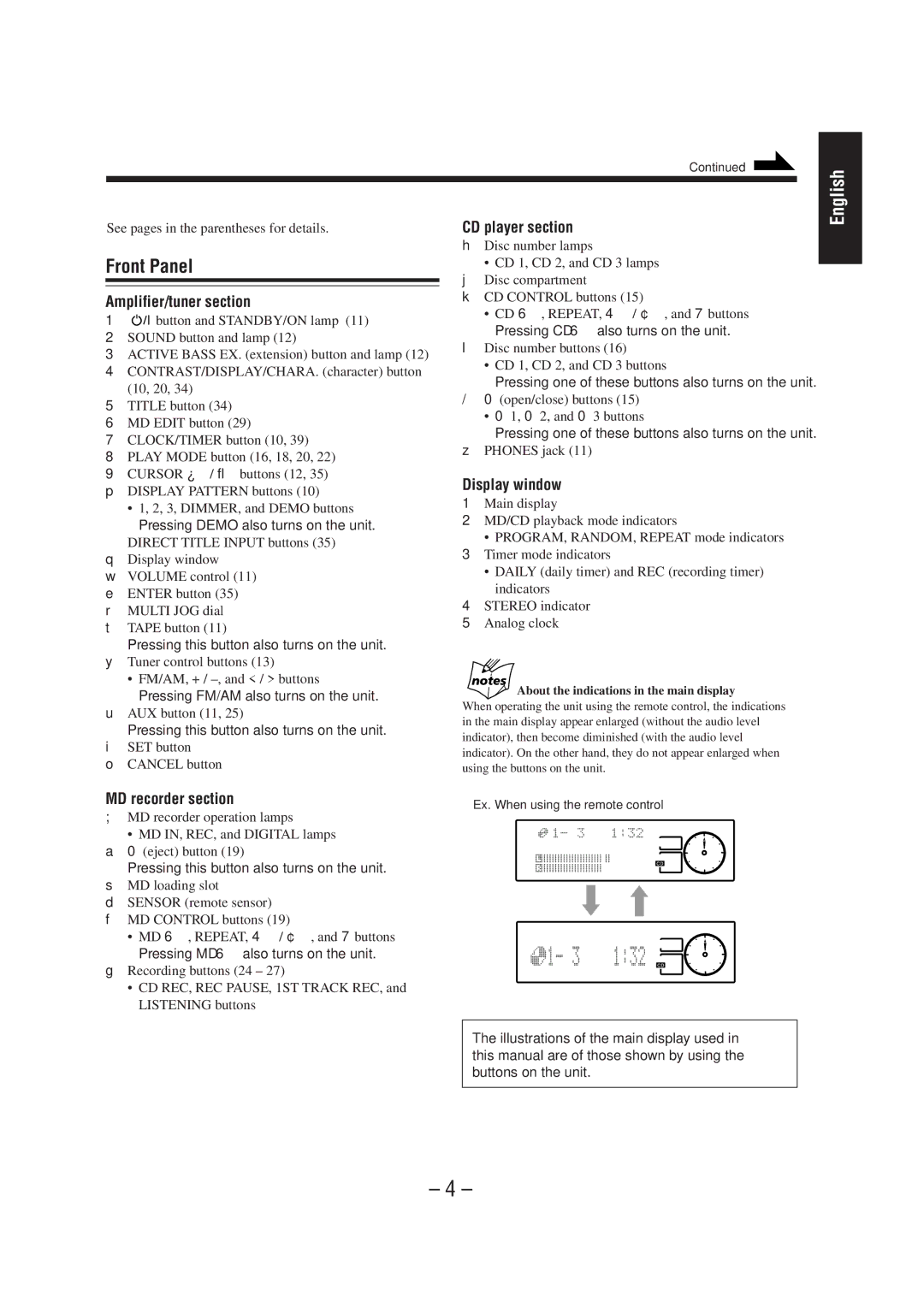 JVC CA-MD70 manual Front Panel, Amplifier/tuner section, MD recorder section, CD player section 