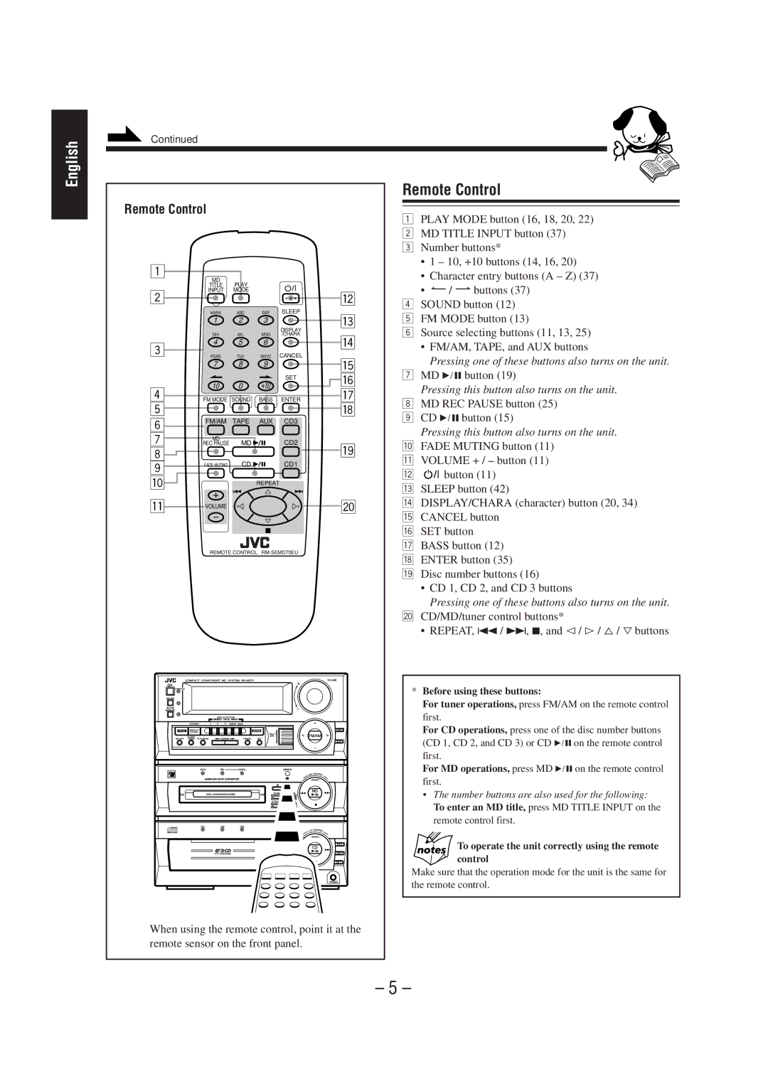 JVC CA-MD70 manual Remote Control, MD 6 button, MD REC Pause button CD 6button, Before using these buttons 