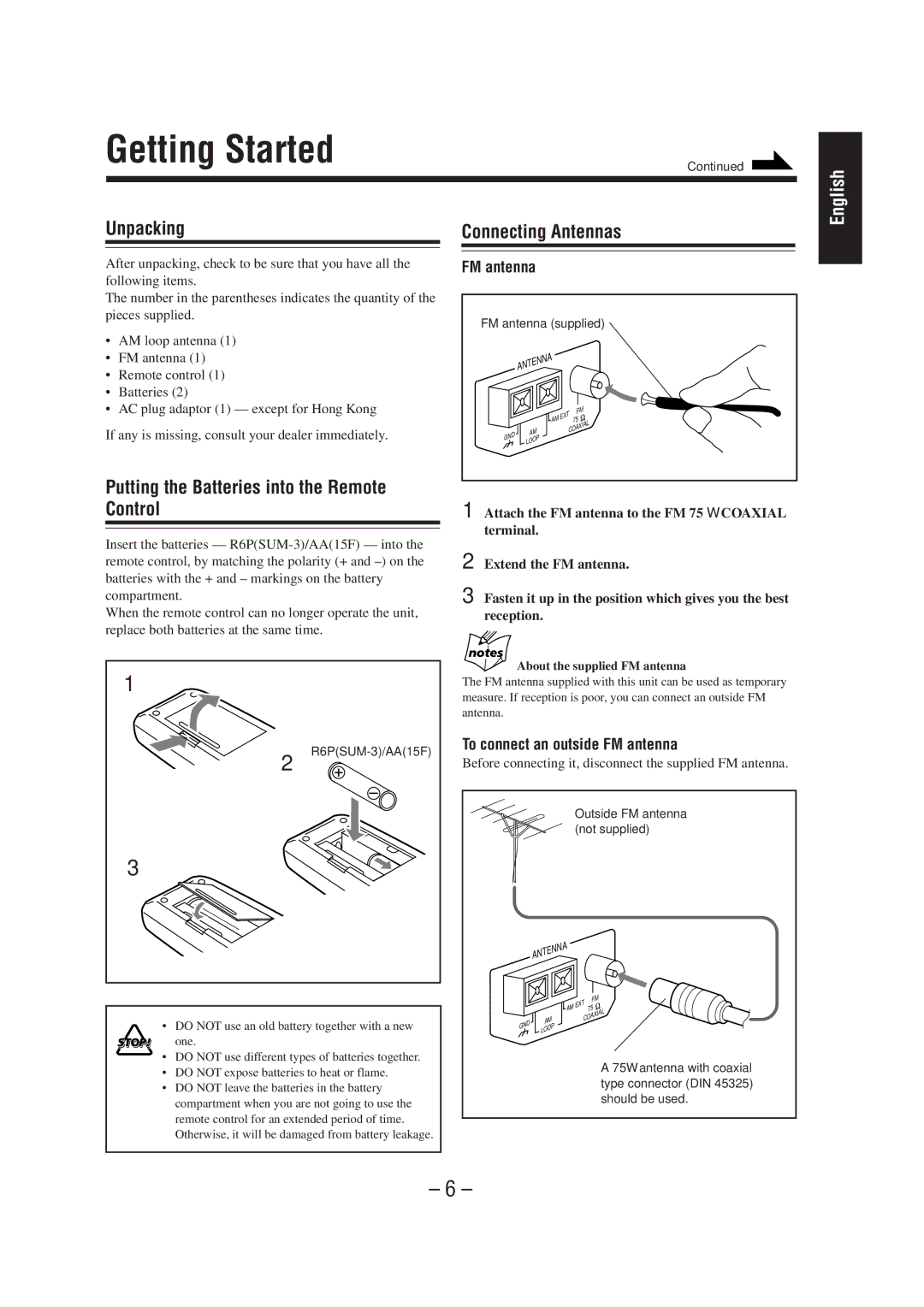 JVC CA-MD70 manual Getting Started, Unpacking, Putting the Batteries into the Remote Control, Connecting Antennas 