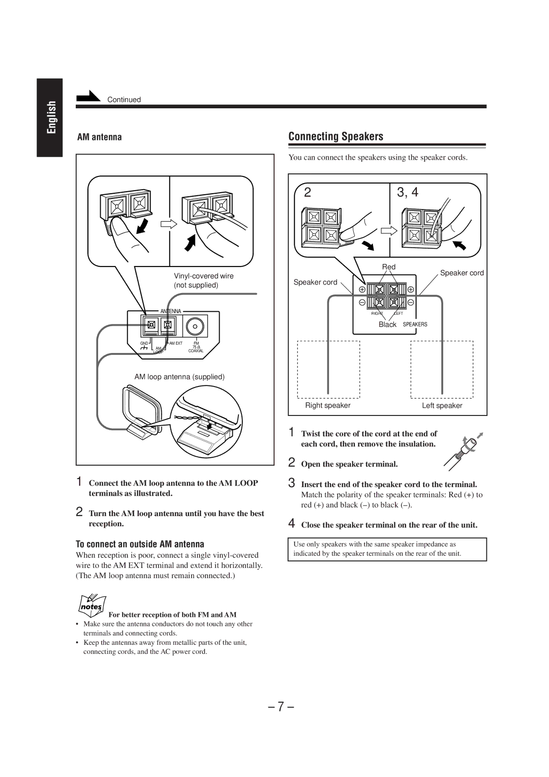 JVC CA-MD70 Connecting Speakers, To connect an outside AM antenna, Close the speaker terminal on the rear of the unit 