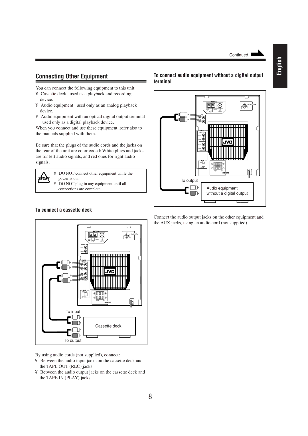 JVC CA-MD70 manual Connecting Other Equipment, To connect a cassette deck 