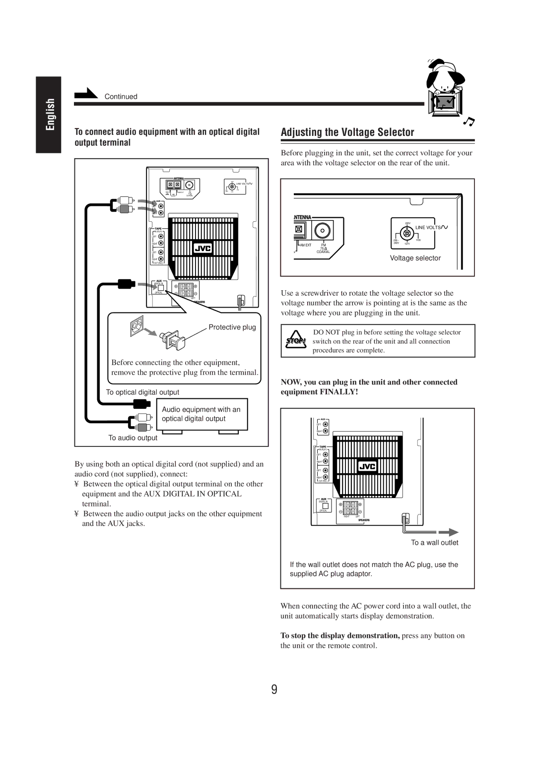 JVC CA-MD70 manual Adjusting the Voltage Selector, To stop the display demonstration, press any button on 