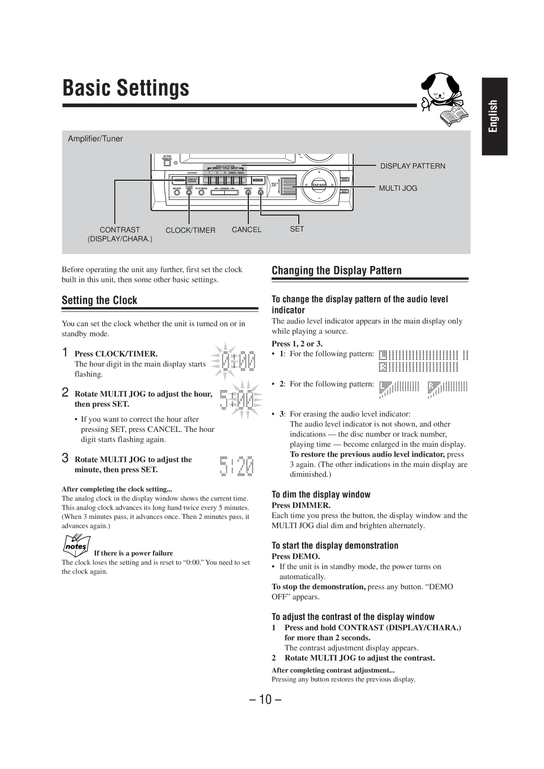 JVC CA-MD70 manual Basic Settings, Setting the Clock, Changing the Display Pattern 