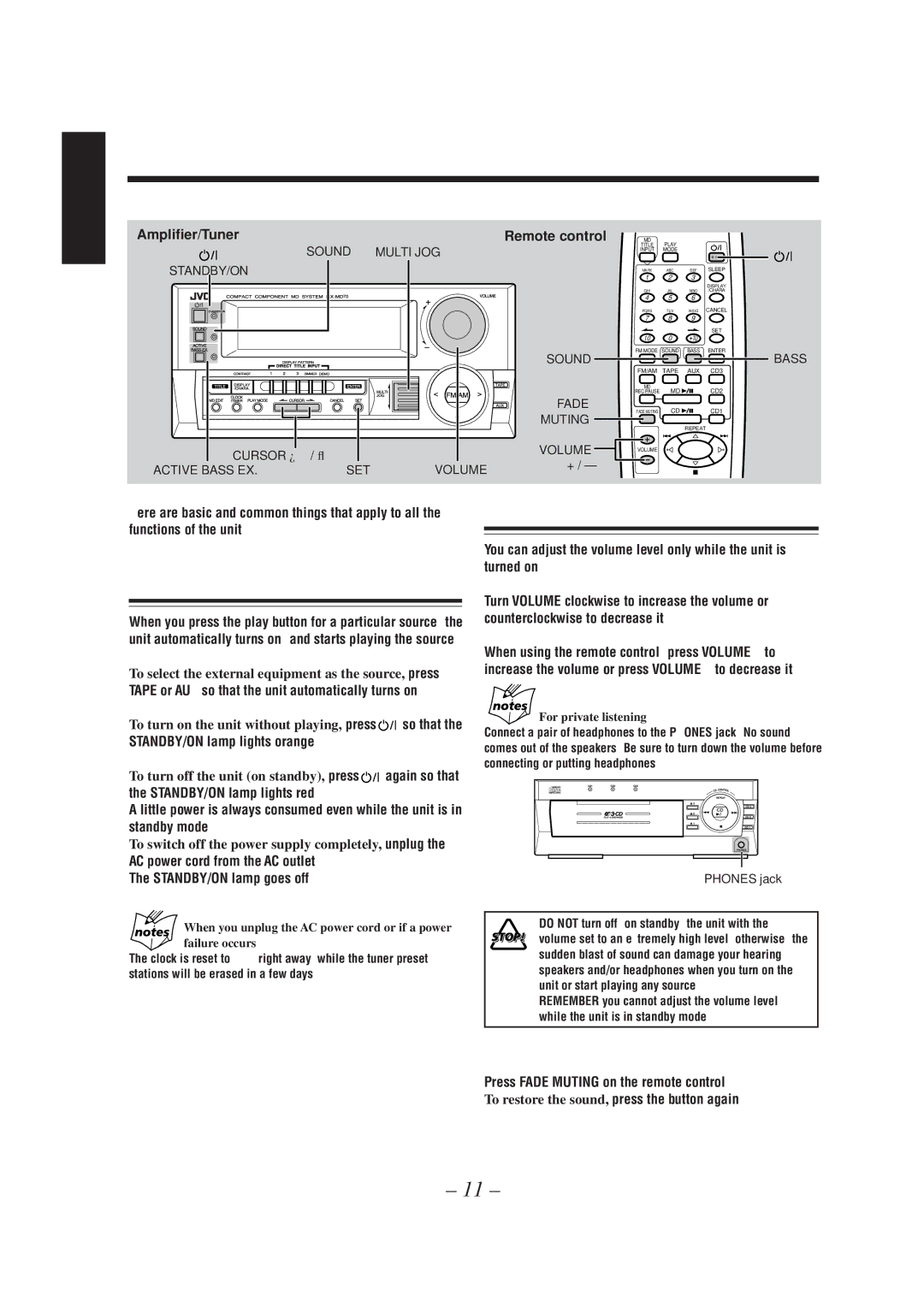 JVC CA-MD70 manual Common Operations, Turning On the Power and Selecting the Sources, Adjusting the Volume 