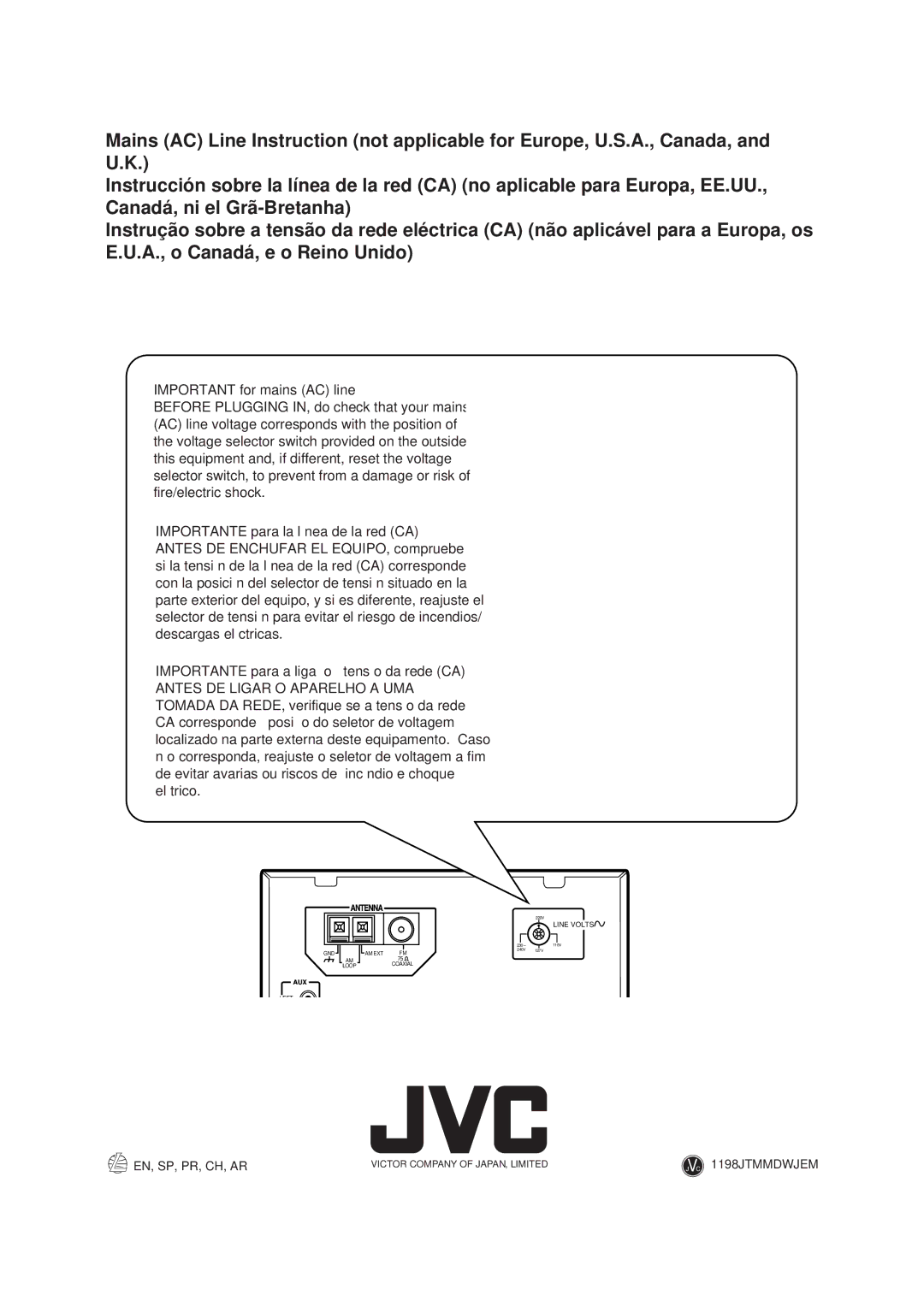 JVC CA-MD70 manual Important for mains AC line 