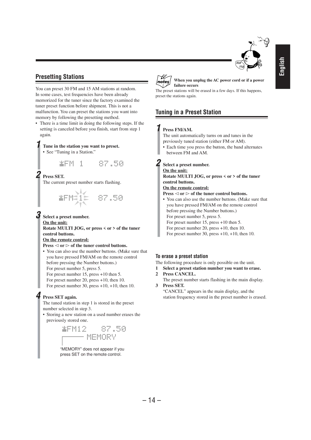 JVC CA-MD70 manual Presetting Stations, Tuning in a Preset Station, To erase a preset station 