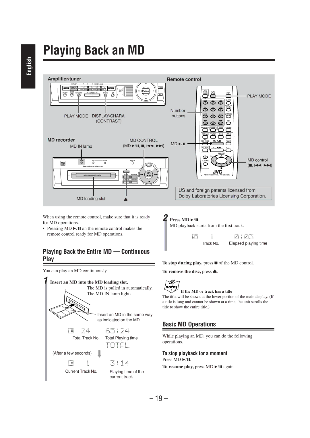 JVC CA-MD70 manual Playing Back an MD, Playing Back the Entire MD Continuous Play, Basic MD Operations, MD recorder 