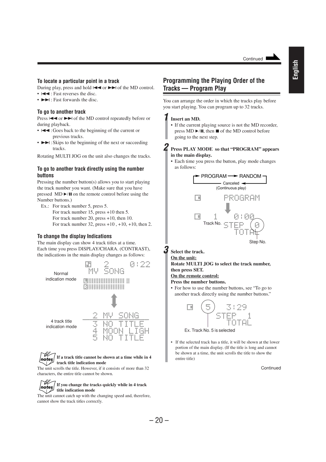 JVC CA-MD70 manual To change the display Indications, Main display can show 4 track titles at a time, Insert an MD 